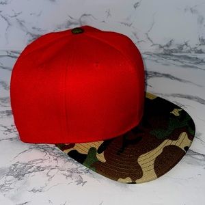 Red SnapBack hat with camo brim